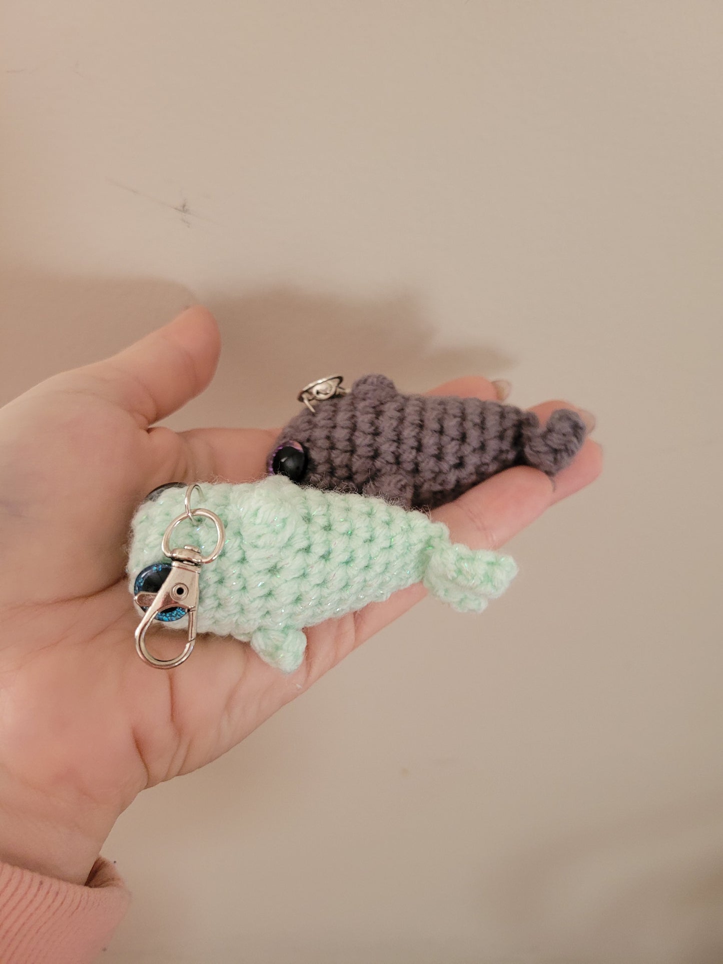 LuvKnotz Tiny Gray Aqua Keychain Shark Handmade Crochet - Soft Acrylic Yarn, Approx. 3" Long, OOAK stuffed animals