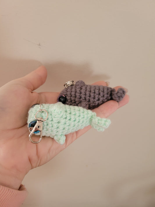 LuvKnotz Tiny Gray Aqua Keychain Shark Handmade Crochet - Soft Acrylic Yarn, Approx. 3" Long, OOAK stuffed animals