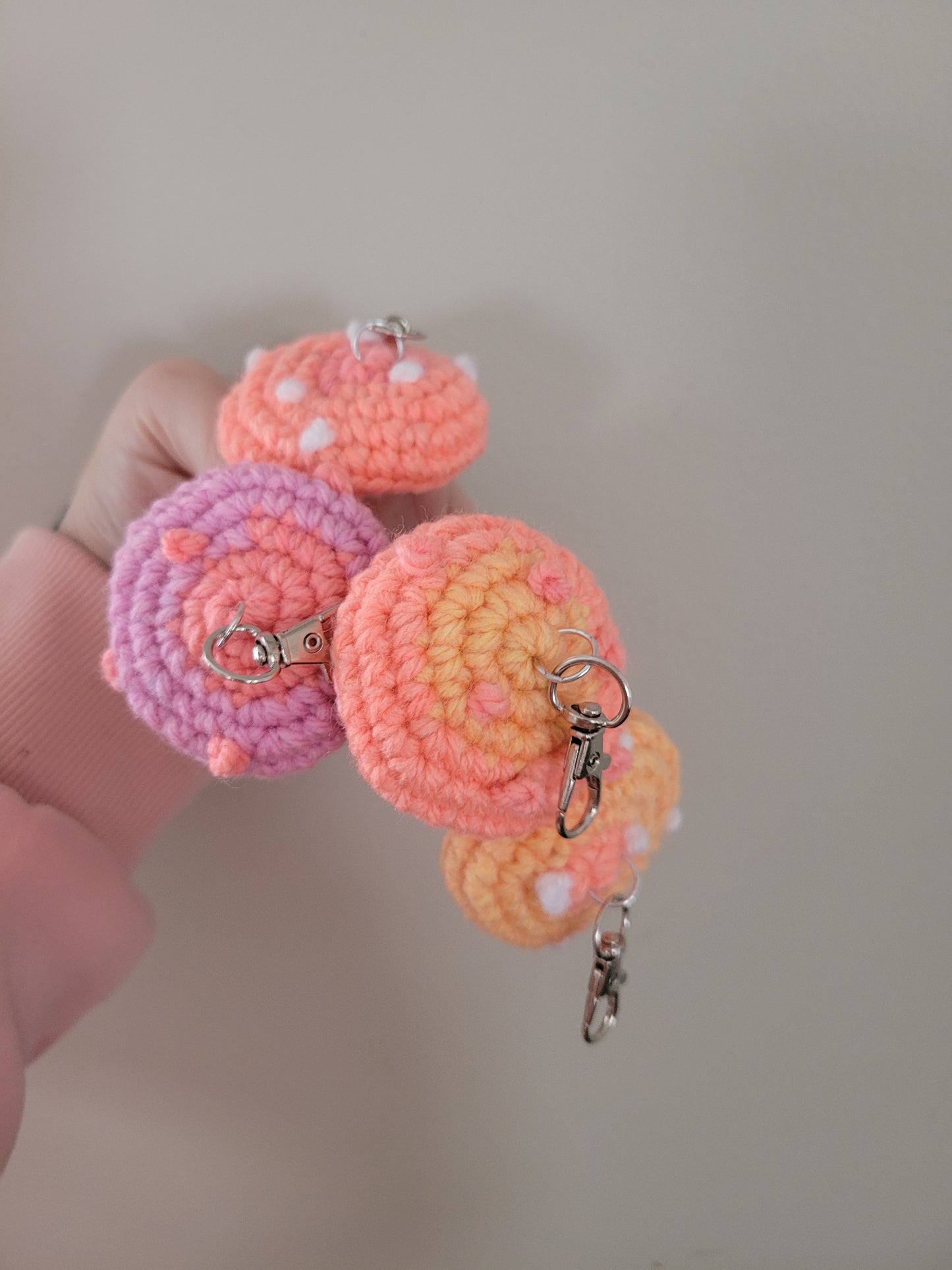 LuvKnotz Tiny Orange Yellow Pink Purple Keychain Mushroom Handmade Crochet - Soft Acrylic Yarn, Approx. 3" Long, OOAK stuffed animals