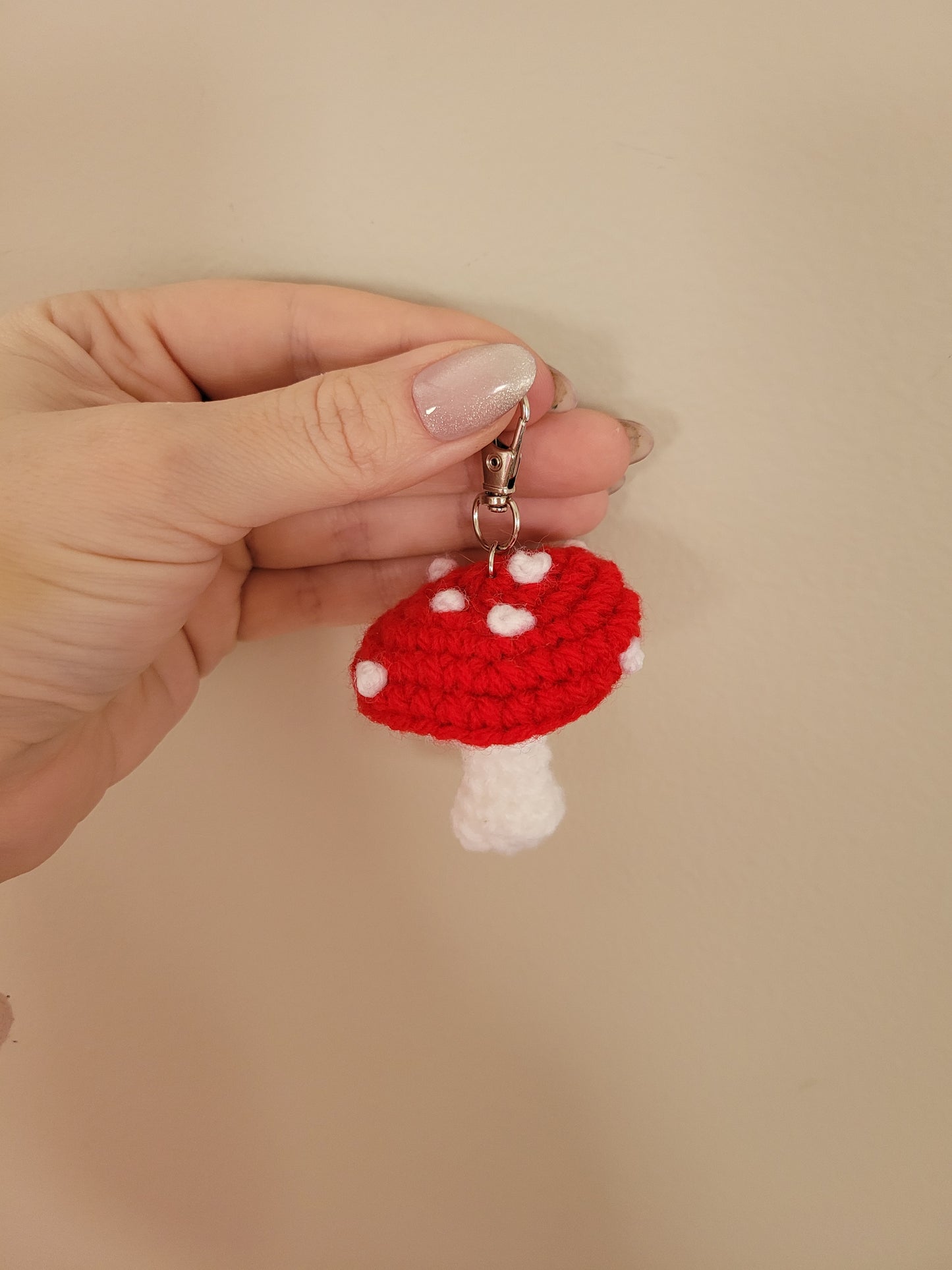 LuvKnotz Tiny Red Keychain Mushroom Handmade Crochet - Soft Acrylic Yarn, Approx. 3" Long, OOAK stuffed animals
