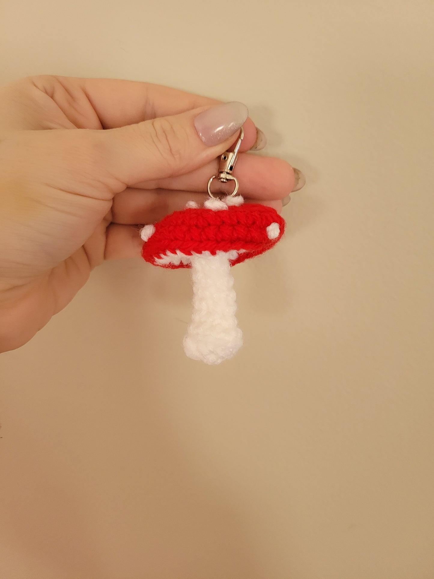 LuvKnotz Tiny Red Keychain Mushroom Handmade Crochet - Soft Acrylic Yarn, Approx. 3" Long, OOAK stuffed animals