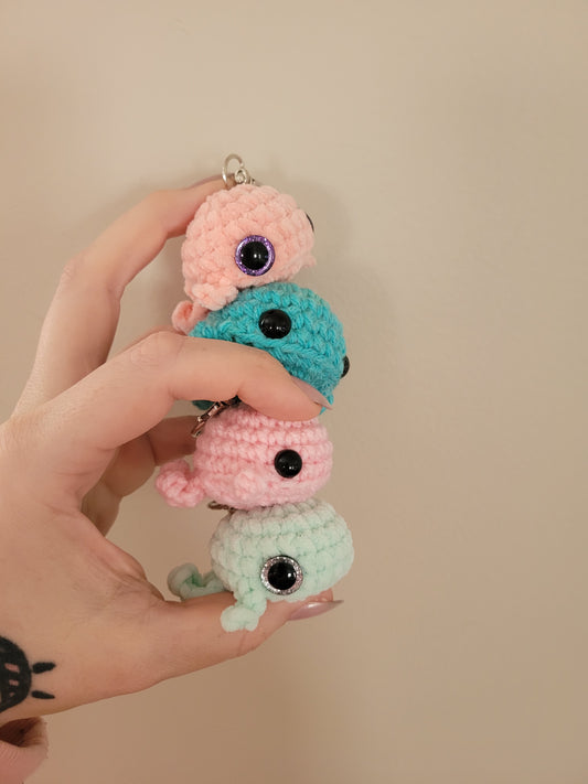LuvKnotz Tiny Blue Green Pink Peach Keychain Whale Handmade Crochet - Soft Acrylic Yarn, Approx. 2" Long, OOAK stuffed animals
