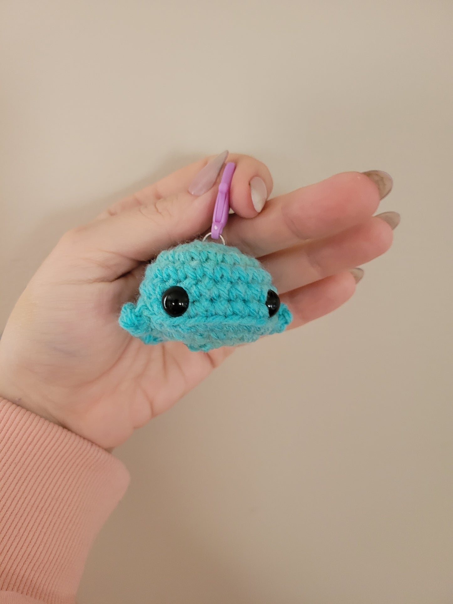 LuvKnotz Tiny Blue Green Pink Peach Keychain Whale Handmade Crochet - Soft Acrylic Yarn, Approx. 2" Long, OOAK stuffed animals