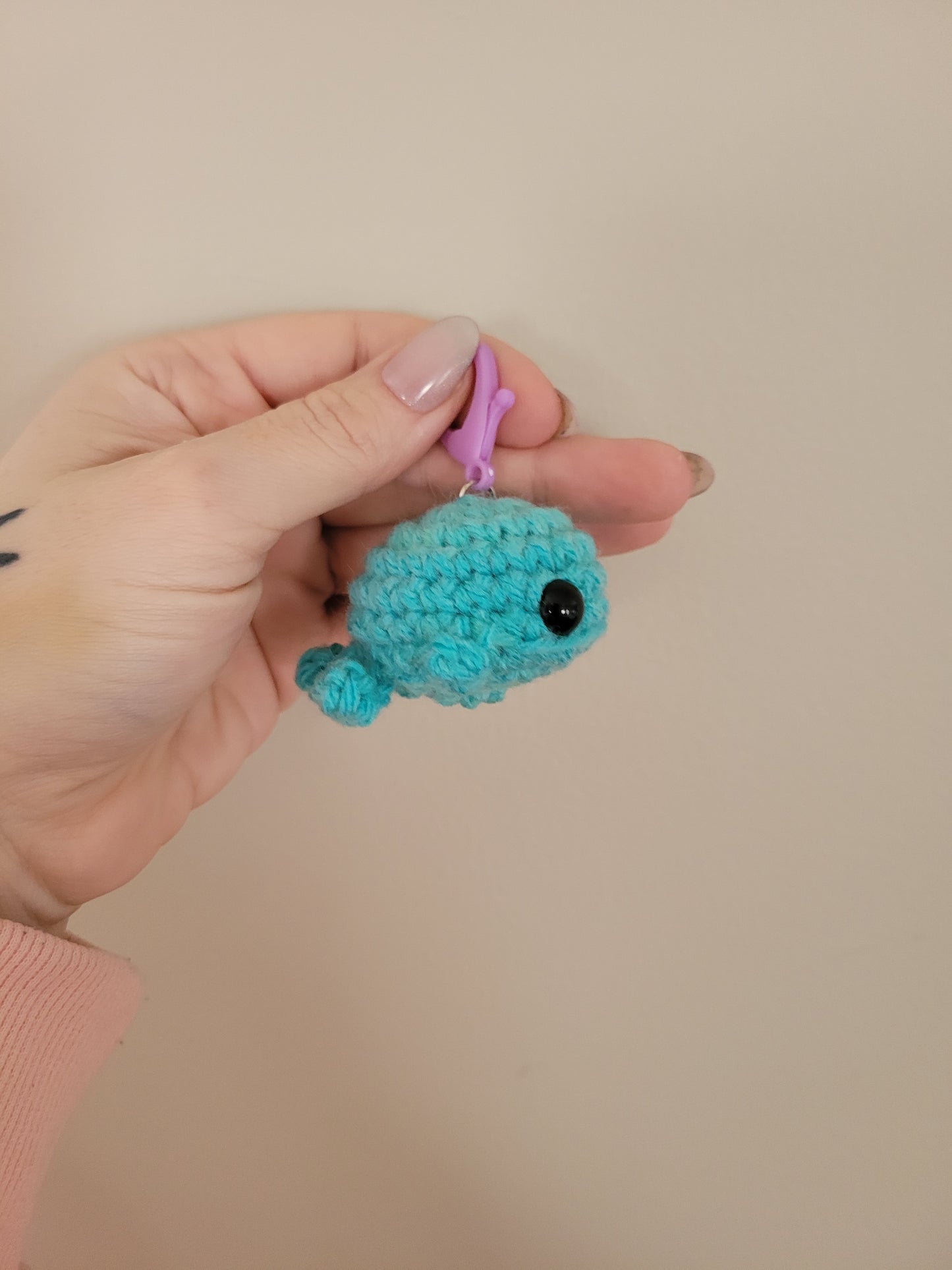 LuvKnotz Tiny Blue Green Pink Peach Keychain Whale Handmade Crochet - Soft Acrylic Yarn, Approx. 2" Long, OOAK stuffed animals