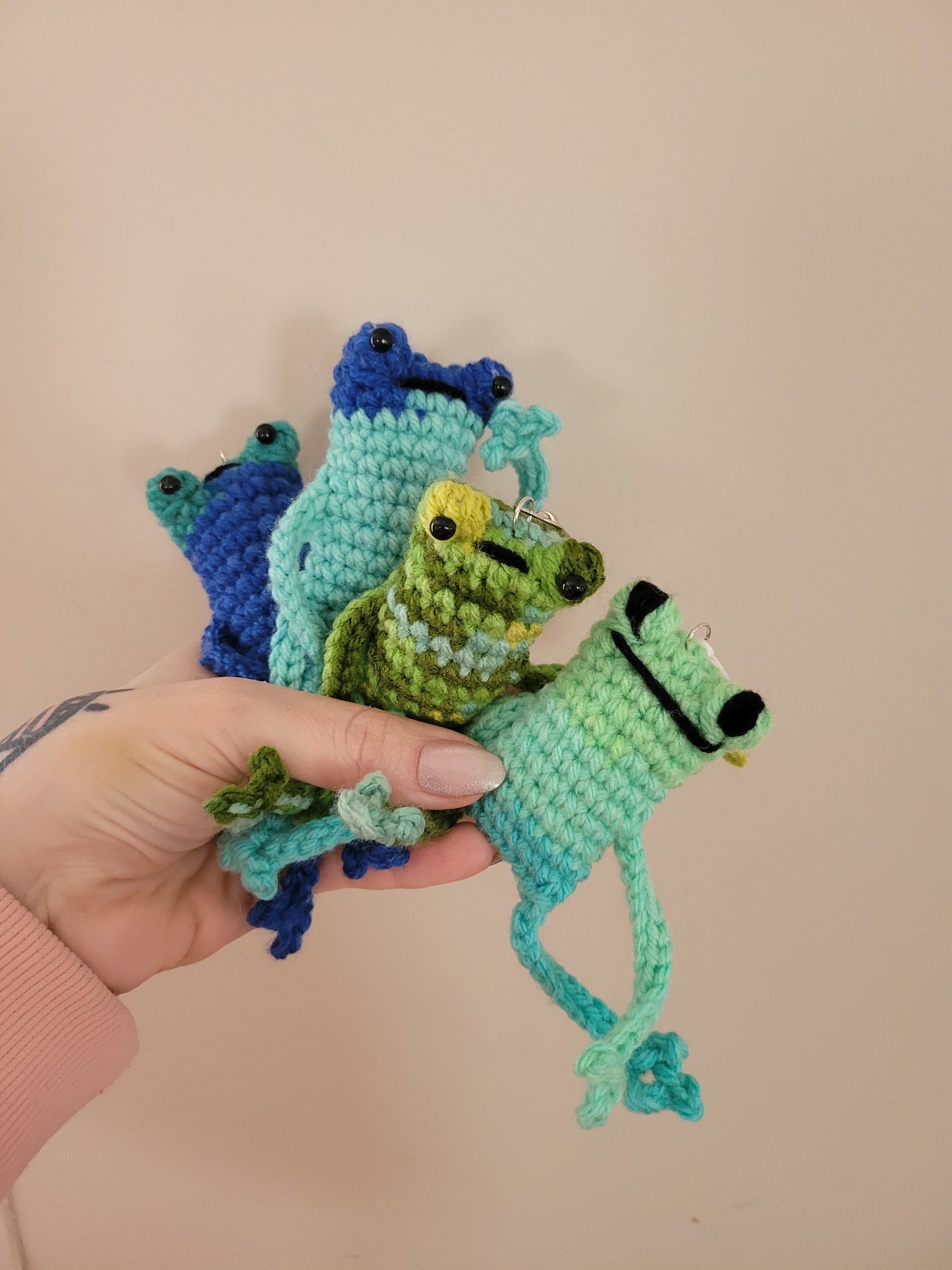 LuvKnotz Tiny Blue Green Keychain Leggy Frog Handmade Crochet - Soft Acrylic Yarn, Approx. 4" Long, OOAK stuffed animals