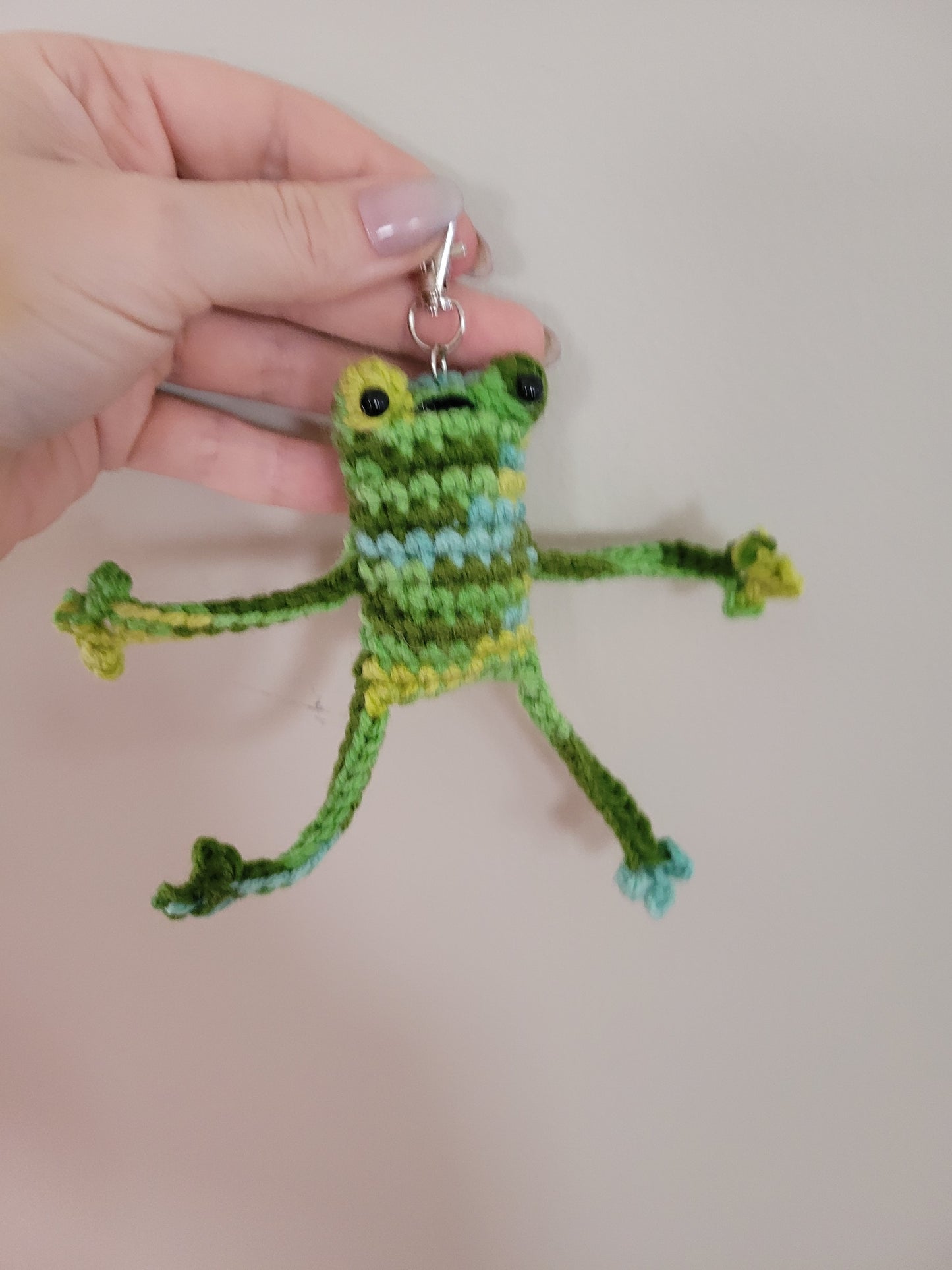 LuvKnotz Tiny Blue Green Keychain Leggy Frog Handmade Crochet - Soft Acrylic Yarn, Approx. 4" Long, OOAK stuffed animals