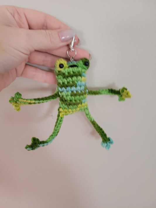 LuvKnotz Tiny Blue Green Keychain Leggy Frog Handmade Crochet - Soft Acrylic Yarn, Approx. 4" Long, OOAK stuffed animals