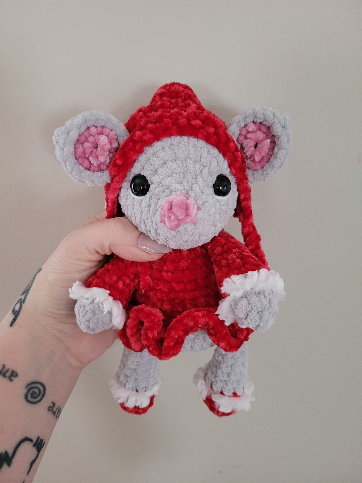 LuvKnotz Medium Christmas Red Dress Grey Mouse Plush - Unique Design for Stuffed Animal - approx 8"