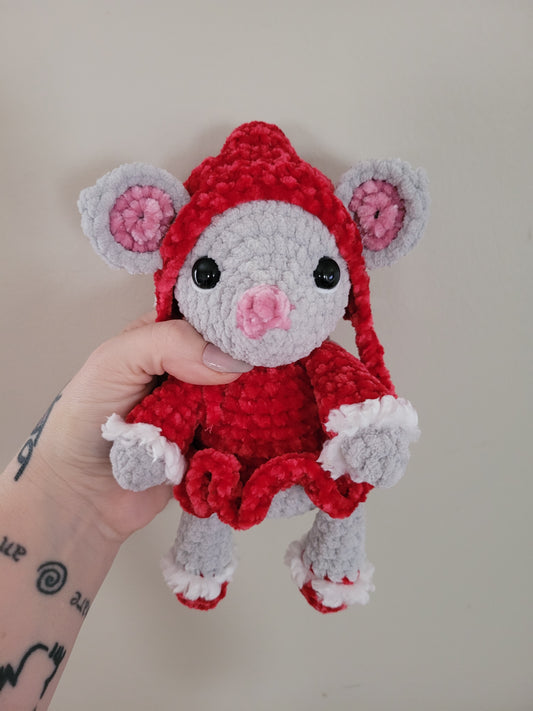 LuvKnotz Medium Christmas Red Dress Grey Mouse Plush - Unique Design for Stuffed Animal - approx 8"