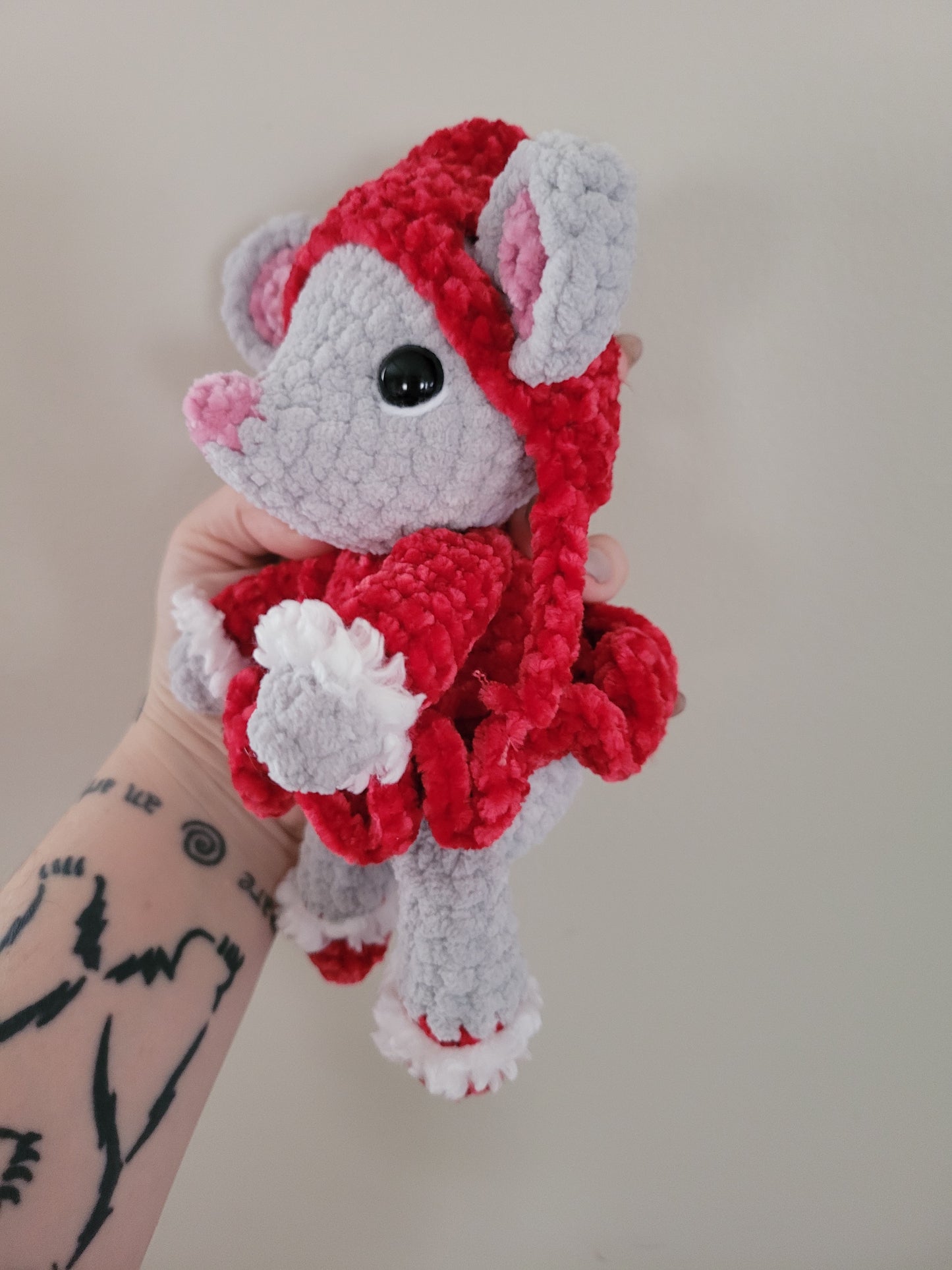 LuvKnotz Medium Christmas Red Dress Grey Mouse Plush - Unique Design for Stuffed Animal - approx 8"
