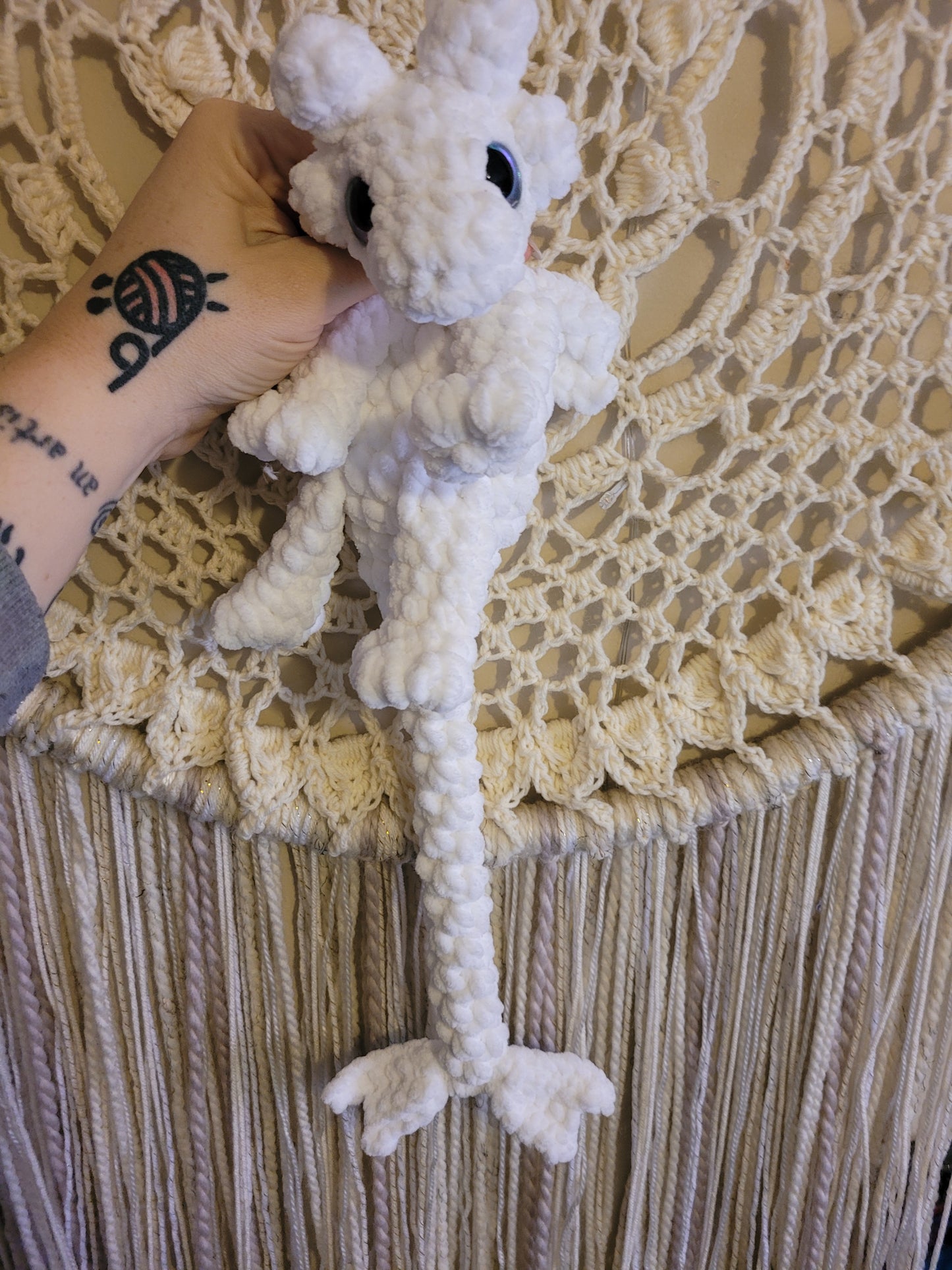 LuvKnotz Small Lightfury White Baby Dragon Handmade Crochet - Soft Chenille Yarn, Approx. 14" Long, Blue Purple Eyes, OOAK stuffed animals