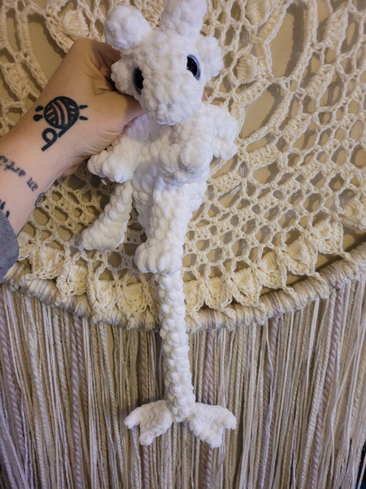 LuvKnotz Small Lightfury White Baby Dragon Handmade Crochet - Soft Chenille Yarn, Approx. 14" Long, Blue Purple Eyes, OOAK stuffed animals
