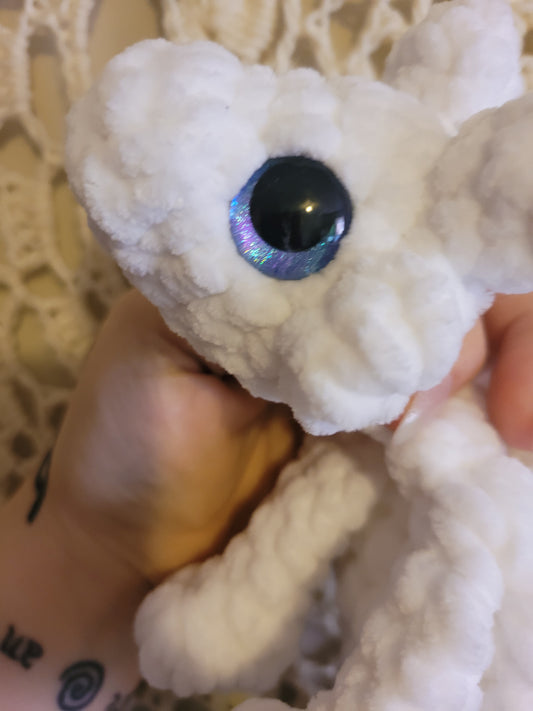 LuvKnotz Small Lightfury White Baby Dragon Handmade Crochet - Soft Chenille Yarn, Approx. 14" Long, Blue Purple Eyes, OOAK stuffed animals