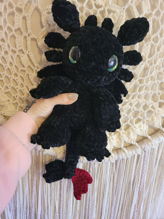 LuvKnotz Medium/ Large Baby Nightfury Dragon Handmade Crochet - Soft Chenille Yarn, Approx. 20" Long, Pink Glitter Eyes, OOAK stuffed animals
