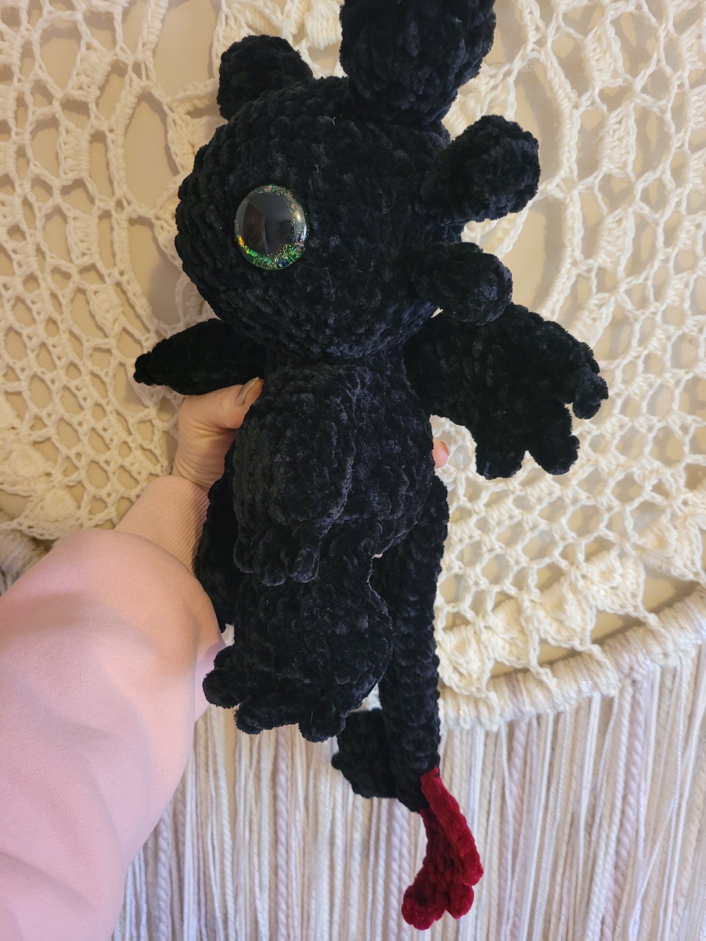 LuvKnotz Medium/ Large Baby Nightfury Dragon Handmade Crochet - Soft Chenille Yarn, Approx. 20" Long, Pink Glitter Eyes, OOAK stuffed animals