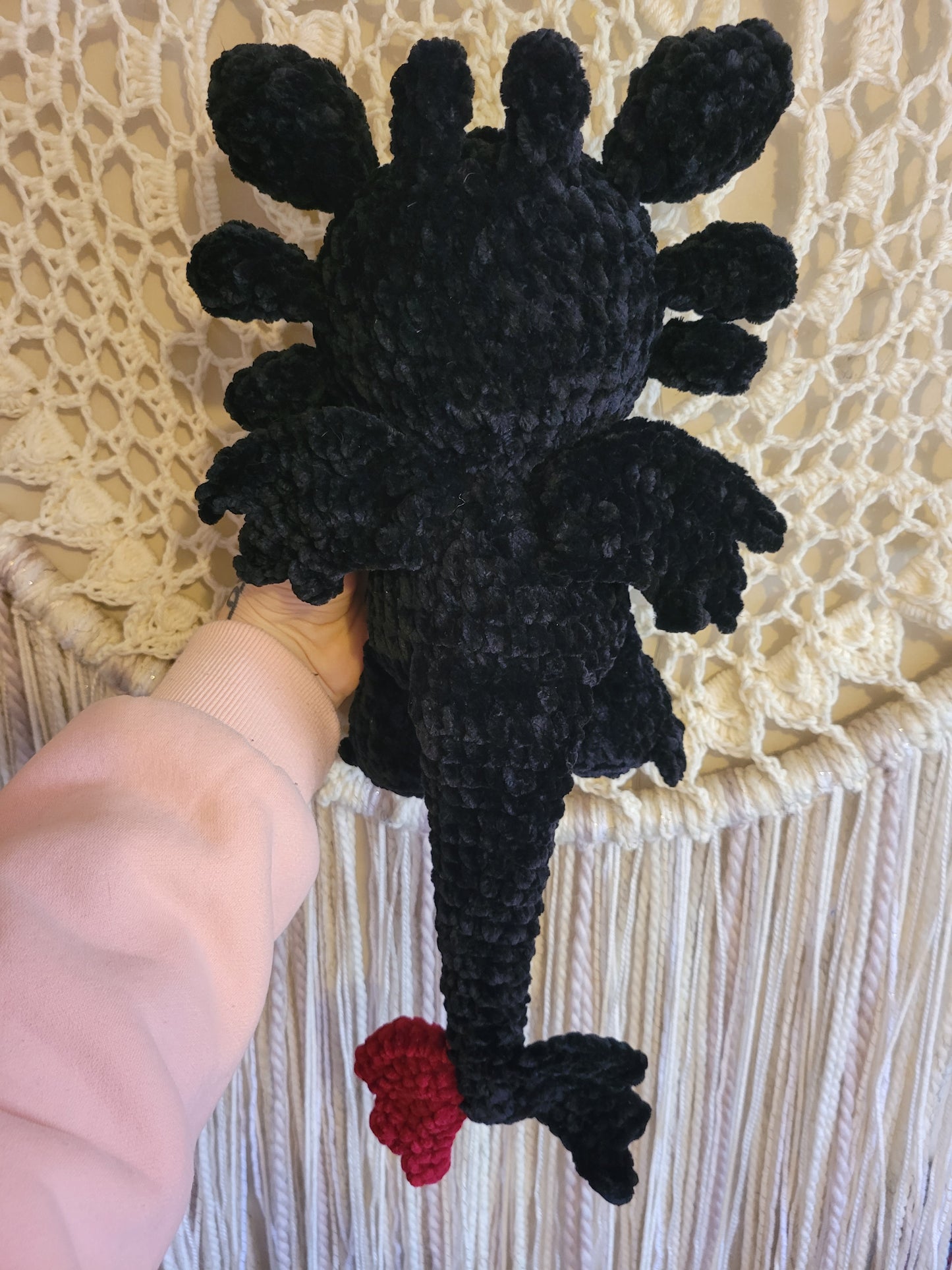 LuvKnotz Medium/ Large Baby Nightfury Dragon Handmade Crochet - Soft Chenille Yarn, Approx. 20" Long, Pink Glitter Eyes, OOAK stuffed animals