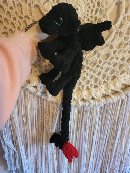 LuvKnotz Small Nightfury Black Baby Dragon Handmade Crochet - Soft Chenille Yarn, Approx. 14" Long, Blue Green Eyes, OOAK stuffed animals