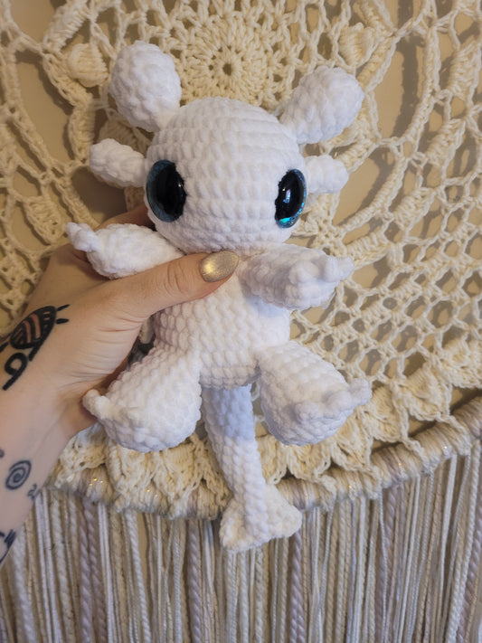 LuvKnotz Medium Baby White Lightfury Dragon Handmade Crochet - Soft Chenille Yarn, Approx. 12" Long, Blue Glitter Eyes, OOAK stuffed animals
