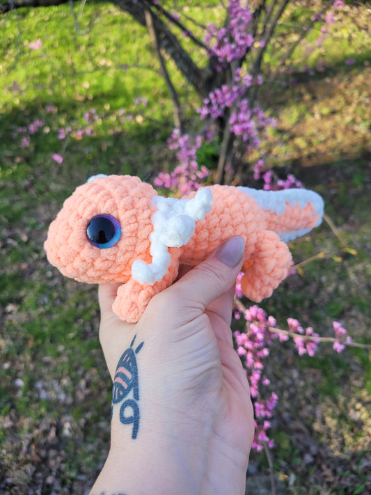 LuvKnotz Small Orange Cream Axolotl Handmade Crochet - Soft Chenille Yarn, Approx. 6" Long, stuffed animals
