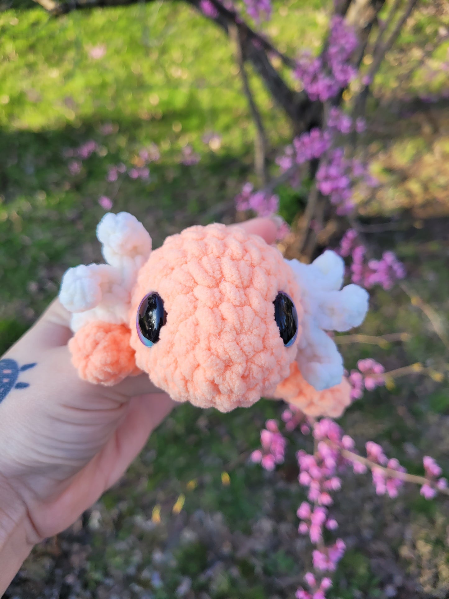 LuvKnotz Small Orange Cream Axolotl Handmade Crochet - Soft Chenille Yarn, Approx. 6" Long, stuffed animals