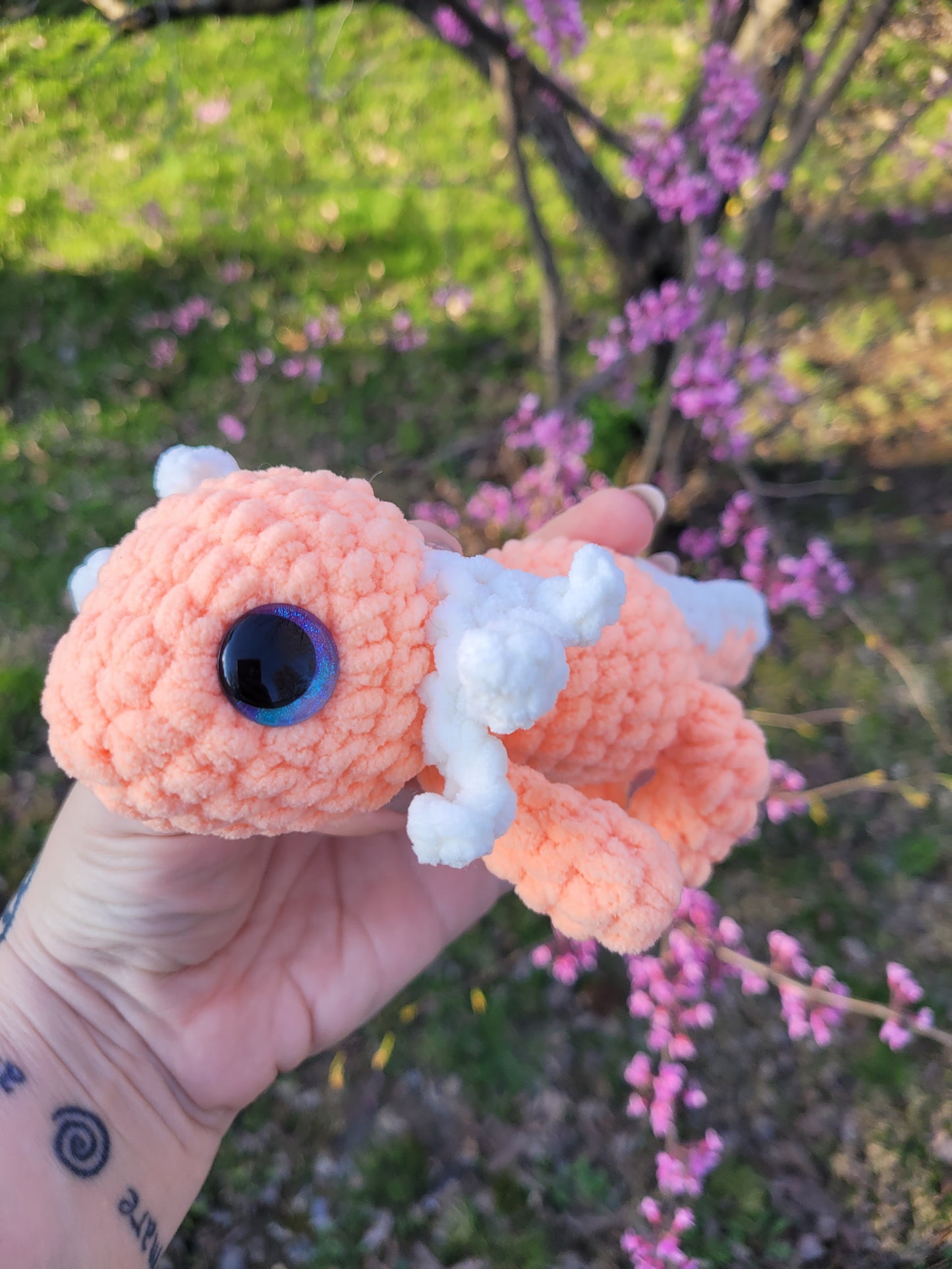 LuvKnotz Small Orange Cream Axolotl Handmade Crochet - Soft Chenille Yarn, Approx. 6" Long, stuffed animals
