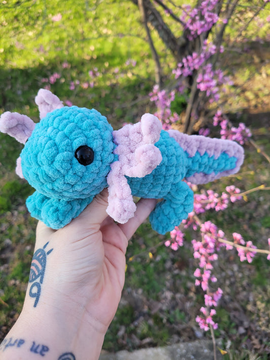 LuvKnotz Medium Turquoise Lavendar Axolotl Handmade Crochet - Soft Chenille Yarn, Approx. 8" Long, stuffed animals
