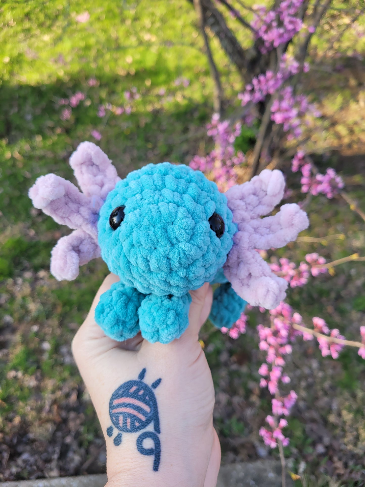 LuvKnotz Medium Turquoise Lavendar Axolotl Handmade Crochet - Soft Chenille Yarn, Approx. 8" Long, stuffed animals