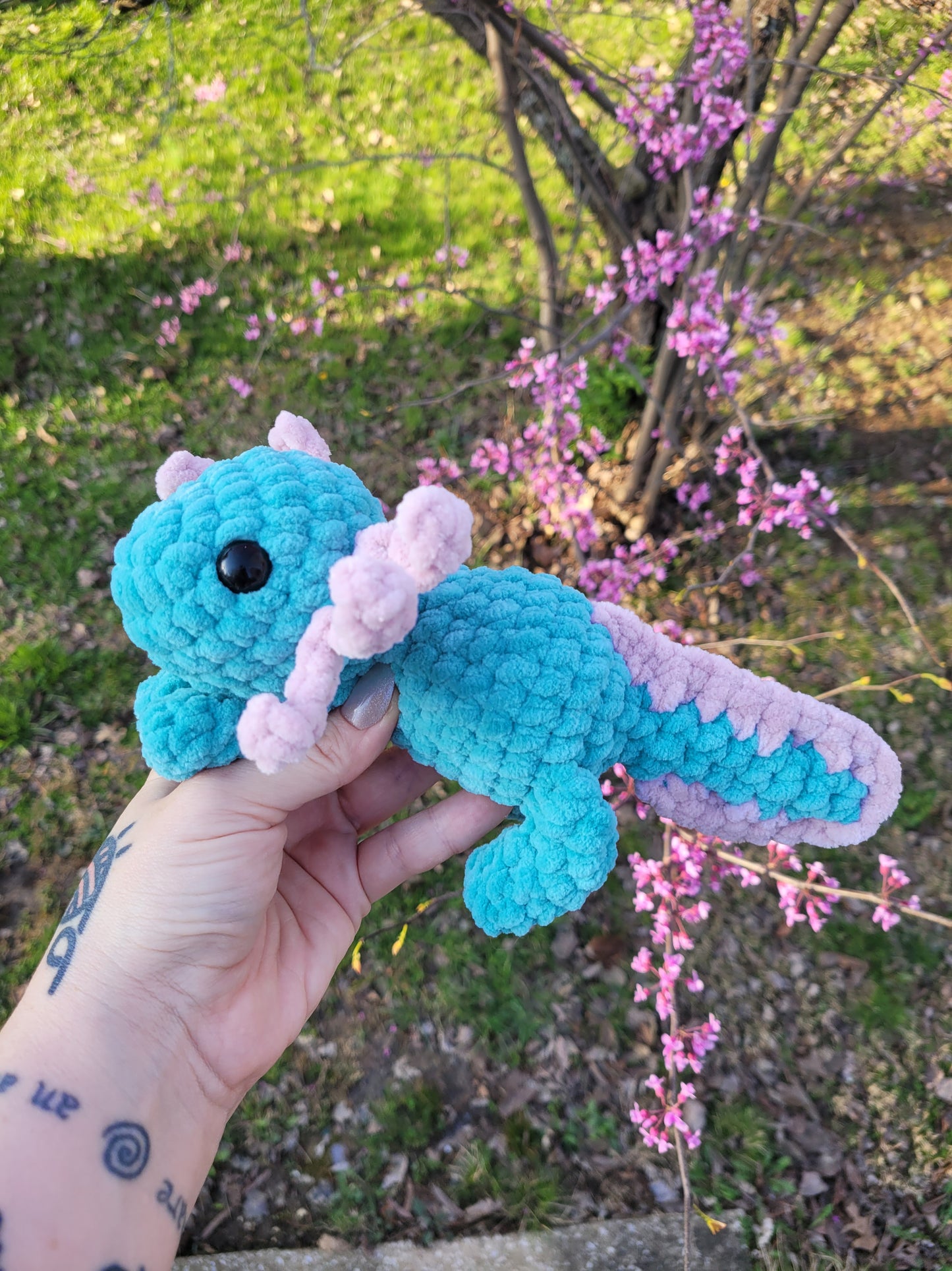 LuvKnotz Medium Turquoise Lavendar Axolotl Handmade Crochet - Soft Chenille Yarn, Approx. 8" Long, stuffed animals
