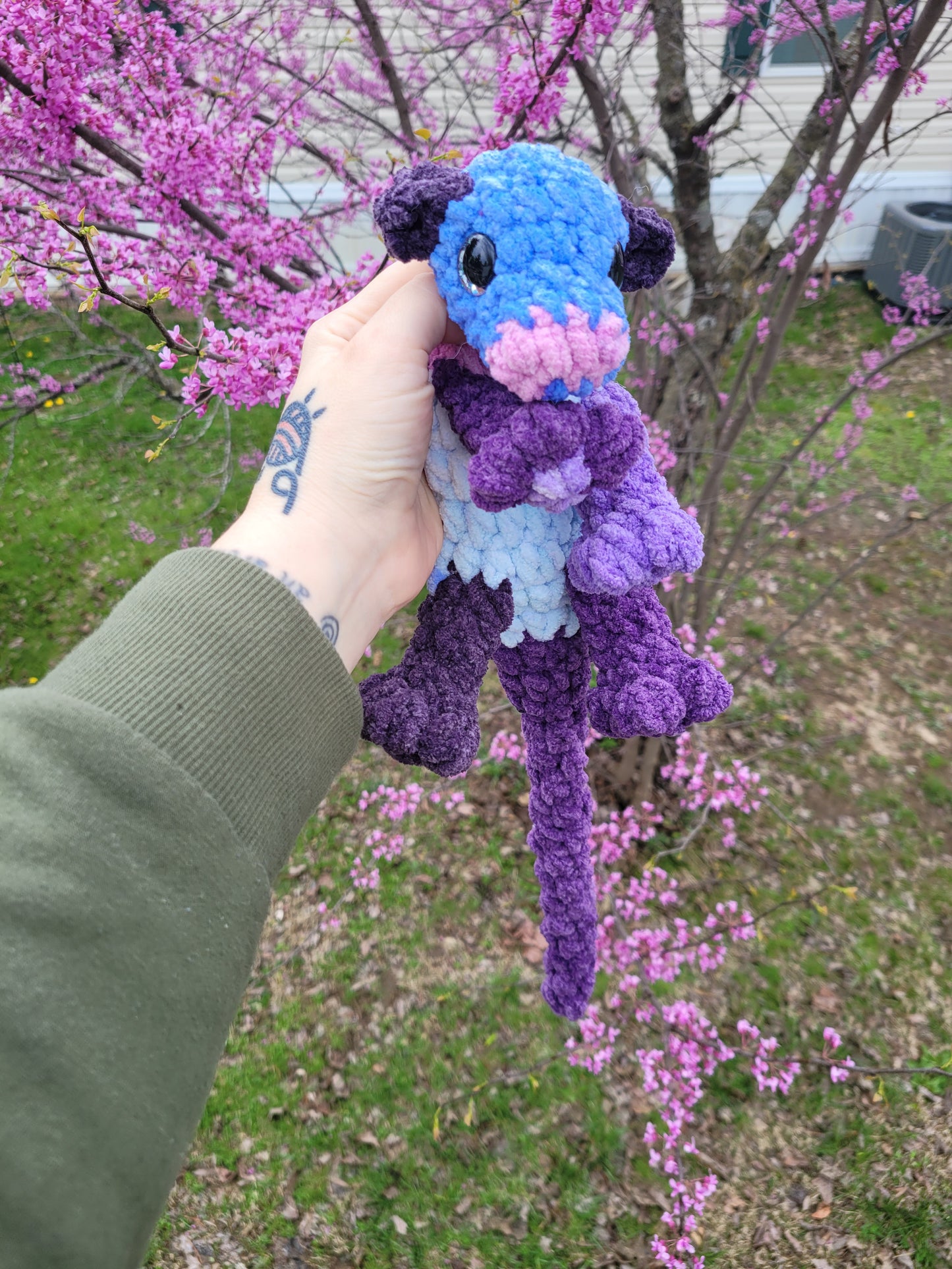 LuvKnotz Medium Baby Patchwork Embroidered Dragon Handmade Crochet - Soft Chenille Yarn, Approx. 14" Long, Clear Glitter Eyes, OOAK stuffed animals
