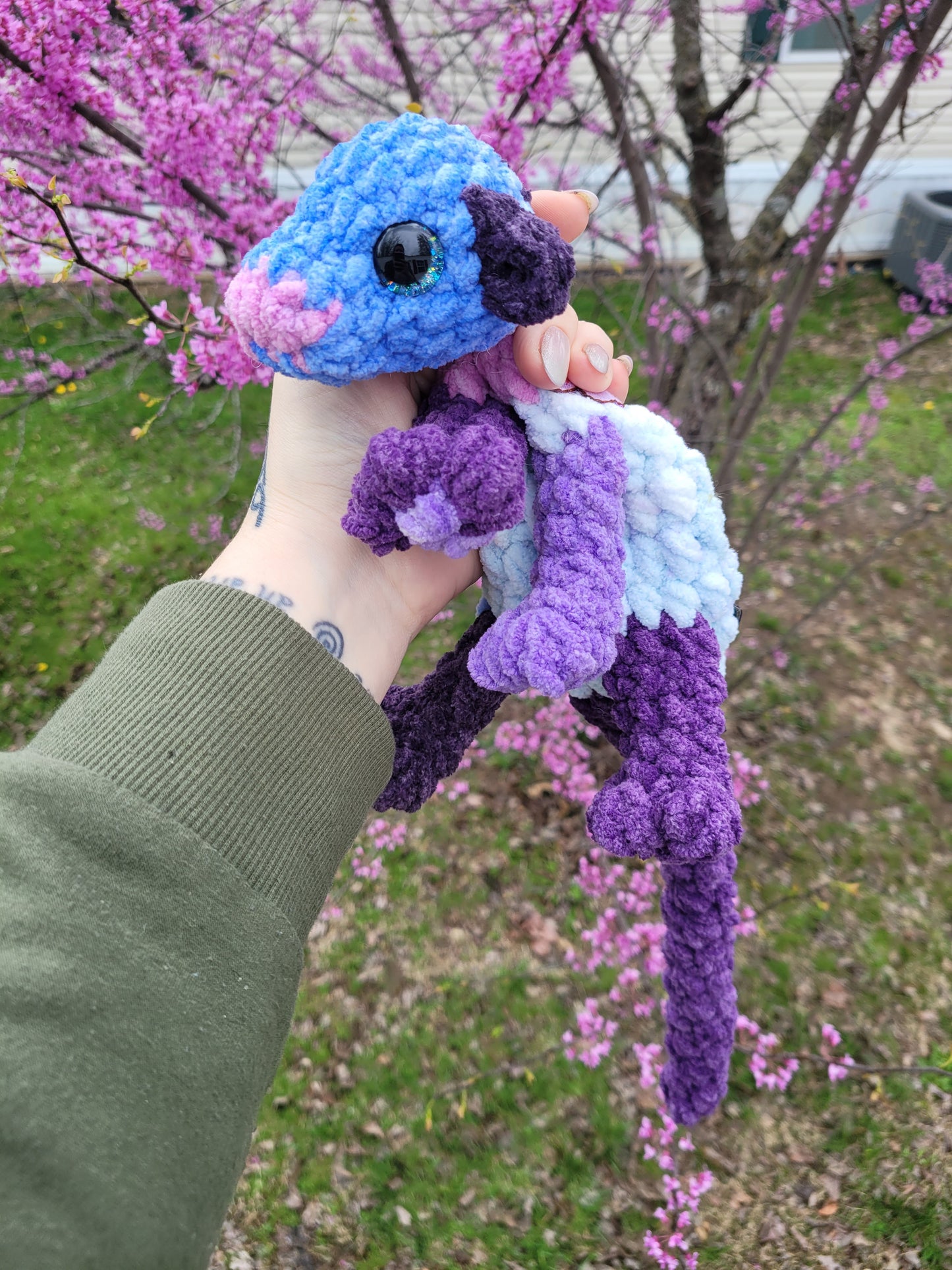 LuvKnotz Medium Baby Patchwork Embroidered Dragon Handmade Crochet - Soft Chenille Yarn, Approx. 14" Long, Clear Glitter Eyes, OOAK stuffed animals
