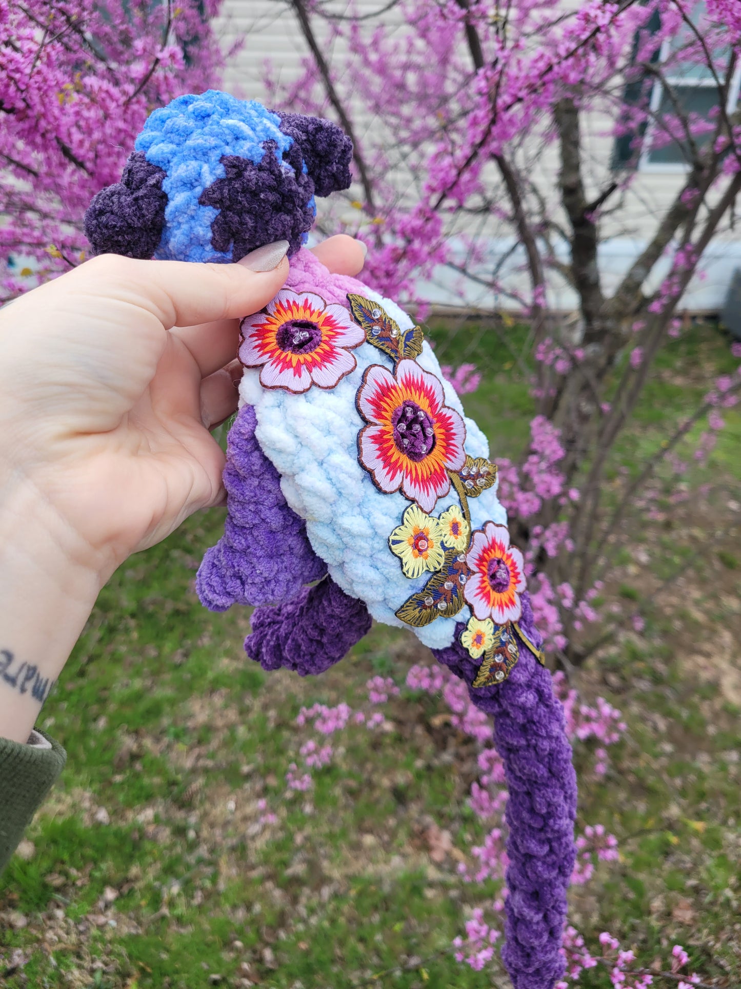 LuvKnotz Medium Baby Patchwork Embroidered Dragon Handmade Crochet - Soft Chenille Yarn, Approx. 14" Long, Clear Glitter Eyes, OOAK stuffed animals