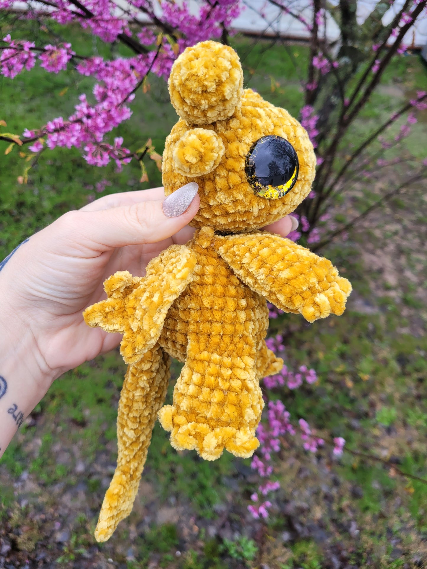 LuvKnotz Medium Baby Andarna Dragon Handmade Crochet - Soft Chenille Yarn, Approx. 12" Long, Gold Glitter Eyes, OOAK stuffed animals