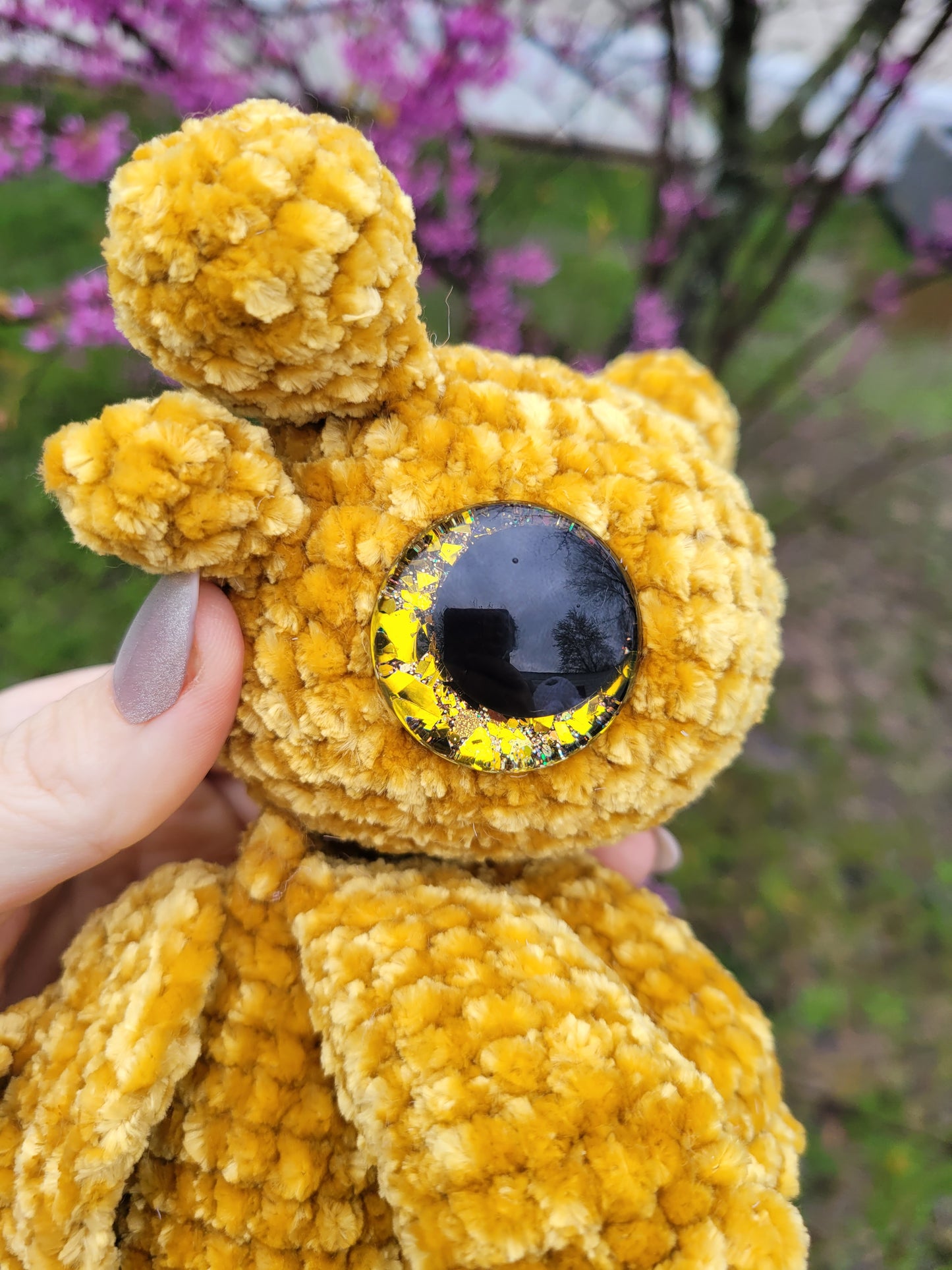 LuvKnotz Medium Baby Andarna Dragon Handmade Crochet - Soft Chenille Yarn, Approx. 12" Long, Gold Glitter Eyes, OOAK stuffed animals