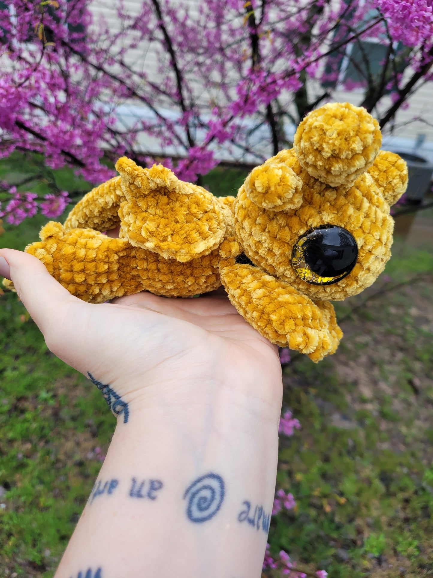 LuvKnotz Medium Baby Andarna Dragon Handmade Crochet - Soft Chenille Yarn, Approx. 12" Long, Gold Glitter Eyes, OOAK stuffed animals