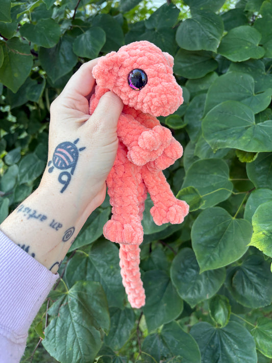 LuvKnotz Small Coral Baby Dragon Handmade Crochet - Soft Chenille Yarn, Approx. 14" Long, Black Orange Pink Eyes, OOAK stuffed animals