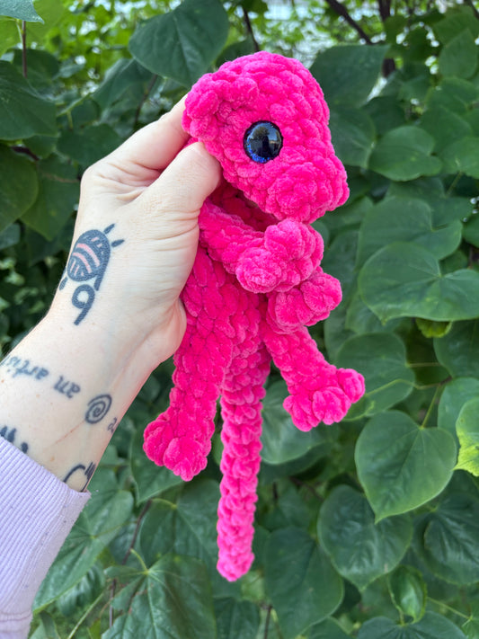 LuvKnotz Small Hot Pink Baby Dragon Handmade Crochet - Soft Chenille Yarn, Approx. 14" Long, Black Purple Eyes, OOAK stuffed animals