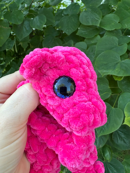 LuvKnotz Small Hot Pink Baby Dragon Handmade Crochet - Soft Chenille Yarn, Approx. 14" Long, Black Purple Eyes, OOAK stuffed animals
