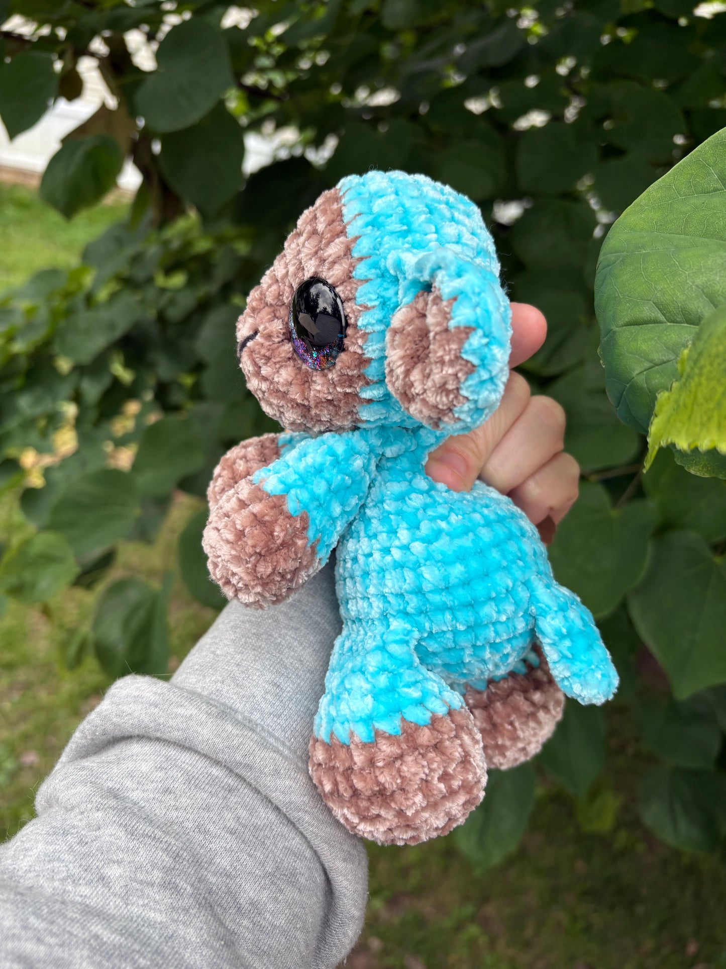 Floppy Blue - LuvKnotz Baby Lamb Handmade Crochet - Soft Chenille Yarn, Approx. 12” Long, Hand Painted Eyes, OOAK stuffed animals (Copy)