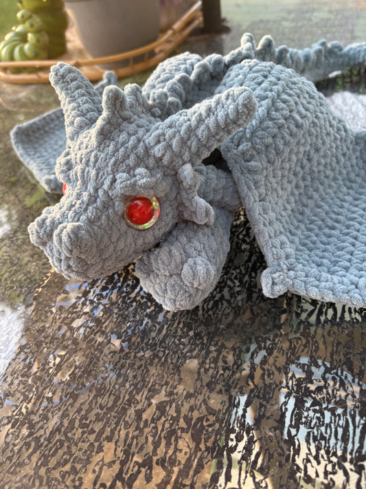 Large Floppy Blue - LuvKnotz Baby Dragon Handmade Crochet - Soft Chenille Yarn, Approx. 18” Long, Hand Painted Eyes, OOAK stuffed animals