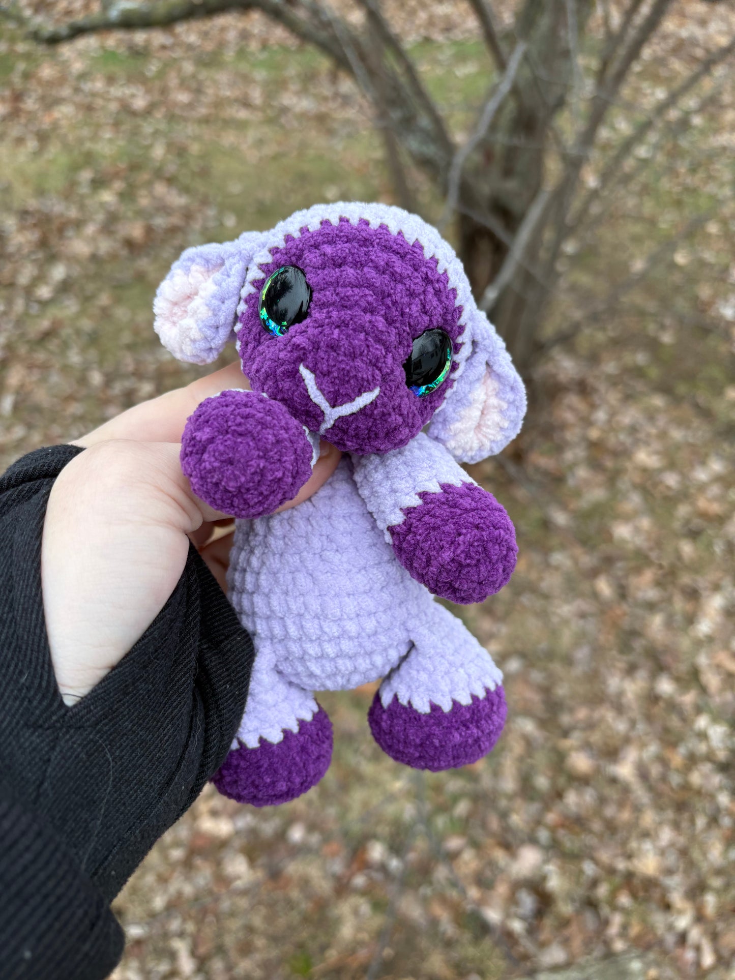 Floppy Purple - LuvKnotz Baby Lamb Handmade Crochet - Soft Chenille Yarn, Approx. 8” Long, Hand Painted Eyes, OOAK stuffed animals