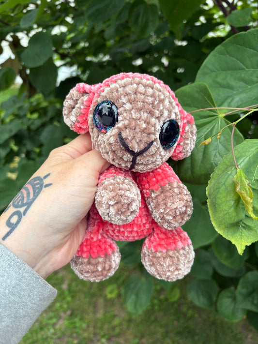 Floppy Pink - LuvKnotz Baby Lamb Handmade Crochet - Soft Chenille Yarn, Approx. 12” Long, Hand Painted Eyes, OOAK stuffed animals