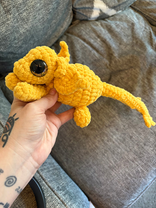 LuvKnotz Medium Yellow ANDARNA FEATHERTAIL Adult Dragon Handmade Crochet - Soft Chenille Yarn, Approx. 4' Long, Hand Painted Eyes, OOAK stuffed animals