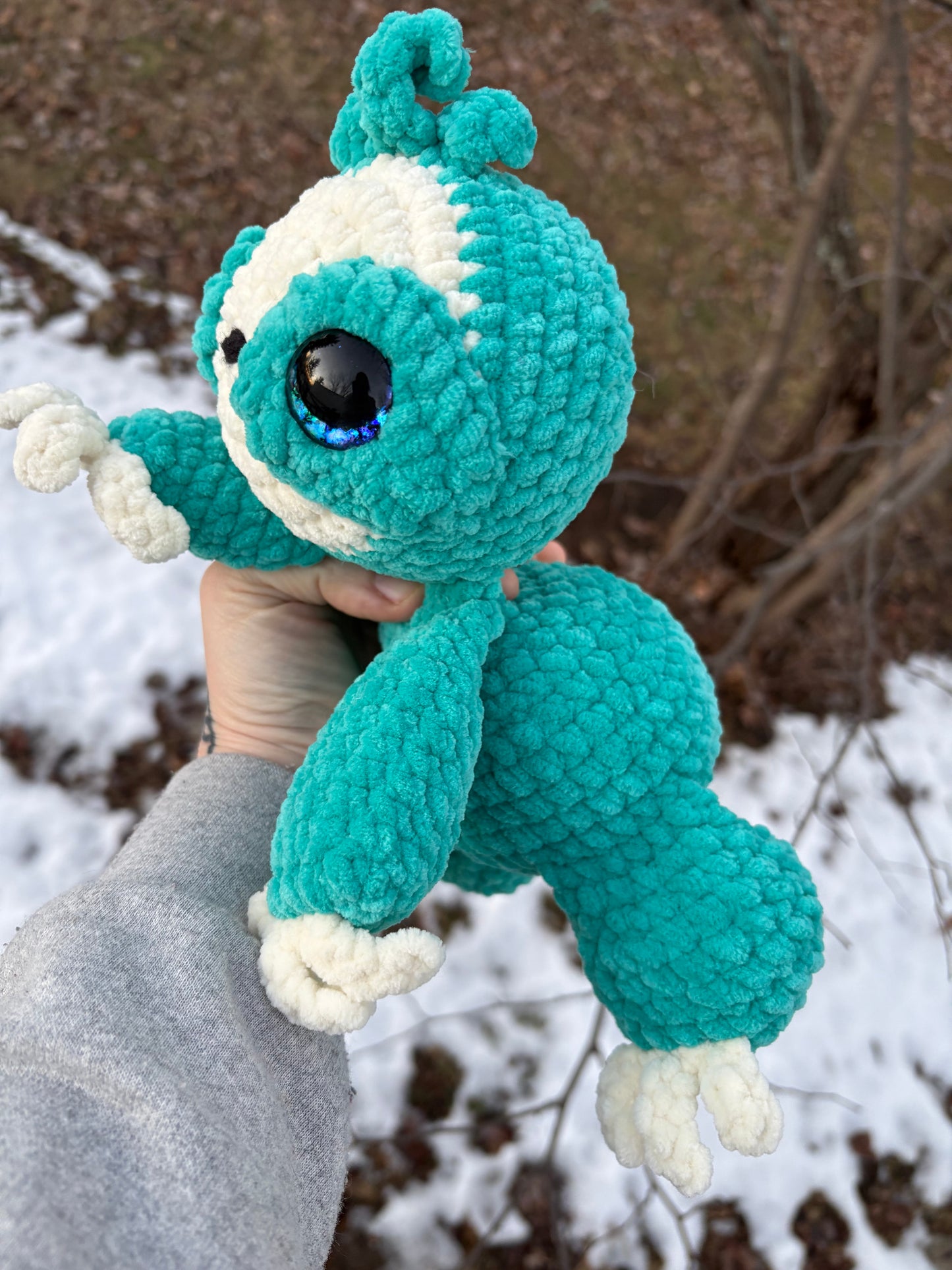 Floppy Turquoise - LuvKnotz Baby Sloth Handmade Crochet - Soft Chenille Yarn, Approx. 12” Long, Hand Painted Eyes, OOAK stuffed animals
