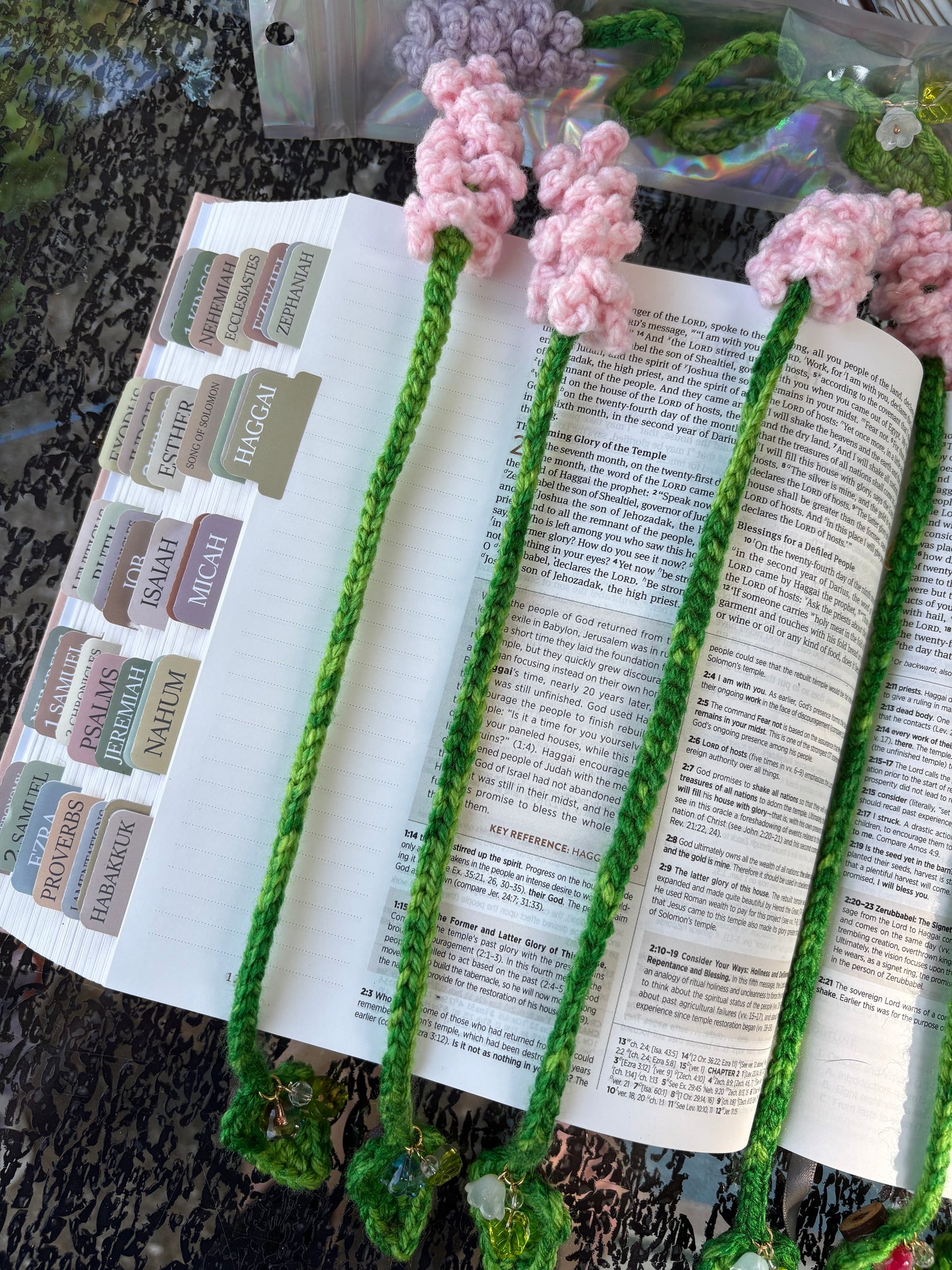 Lavender Leaf Bookmark with charms - LuvKnotz uniquely handmade crochet - bible study book reading fantasy floral dangle marker - approx 8” long
