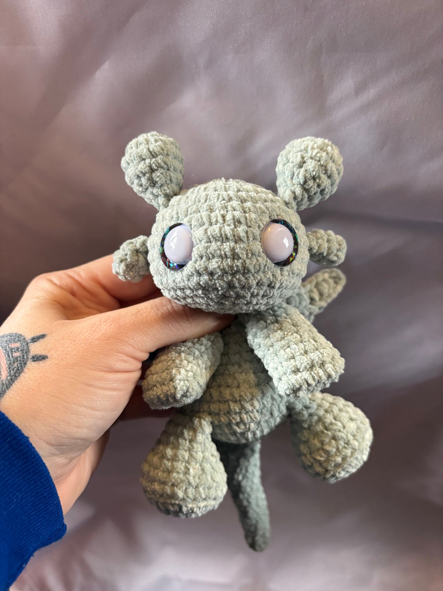 Floppy Light Green - LuvKnotz Baby Dragon Handmade Crochet - Soft Chenille Yarn, Approx. 10” Long, Hand Painted Eyes, OOAK stuffed animals