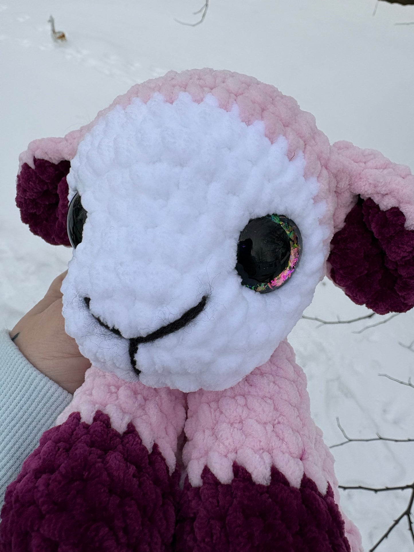 Floppy Pink - LuvKnotz Baby Lamb Handmade Crochet - Soft Chenille Yarn, Approx. 12” Long, Hand Painted Eyes, OOAK stuffed animals