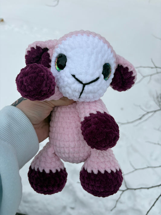 Floppy Pink - LuvKnotz Baby Lamb Handmade Crochet - Soft Chenille Yarn, Approx. 12” Long, Hand Painted Eyes, OOAK stuffed animals