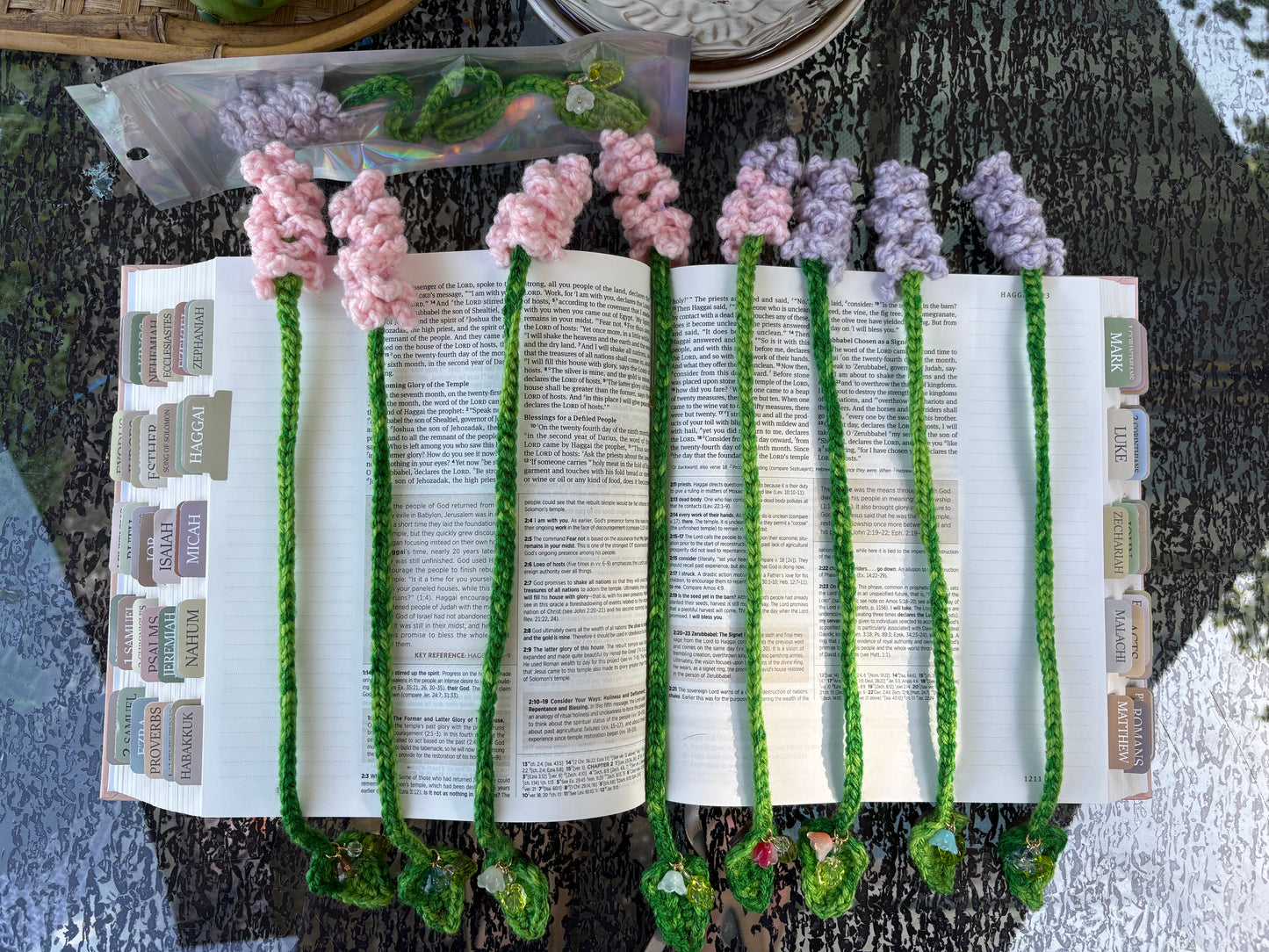 Lavender Leaf Bookmark with charms - LuvKnotz uniquely handmade crochet - bible study book reading fantasy floral dangle marker - approx 8” long