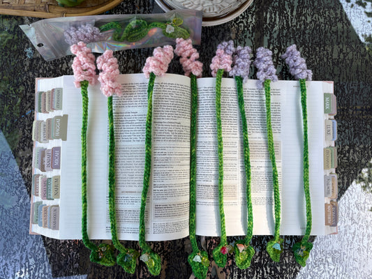 Lavender Leaf Bookmark with charms - LuvKnotz uniquely handmade crochet - bible study book reading fantasy floral dangle marker - approx 8” long