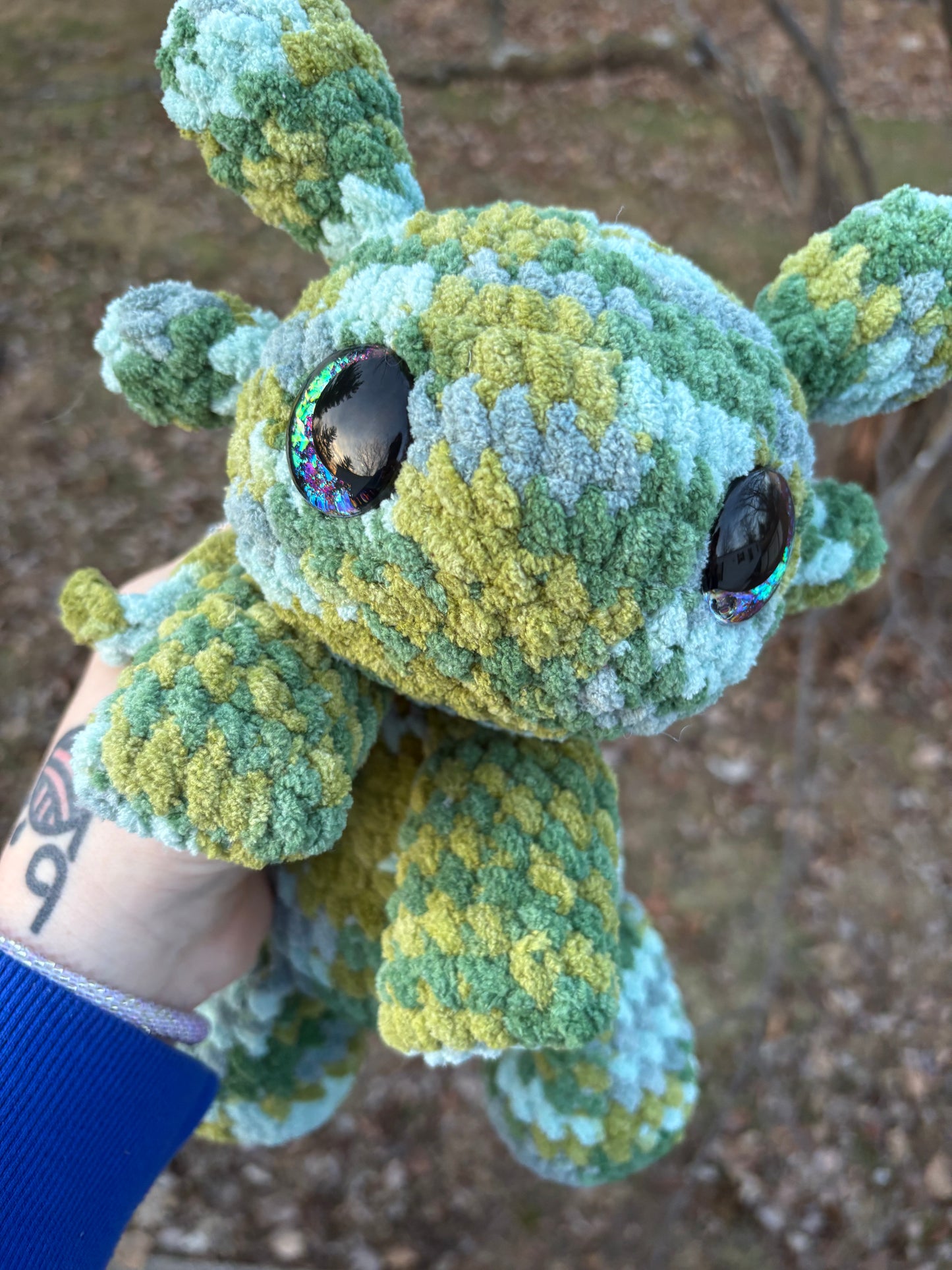 XL - Floppy Army Green - LuvKnotz Baby Dragon Handmade Crochet - Soft Chenille Yarn, Approx. 18” Long, Hand Painted Eyes, OOAK stuffed animals
